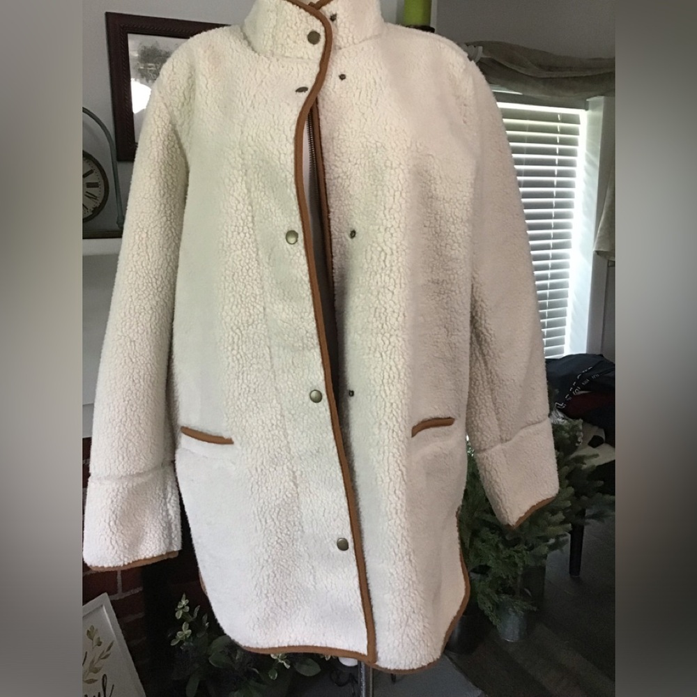 Old Navy Cream Teddy Coat with Brown Trim